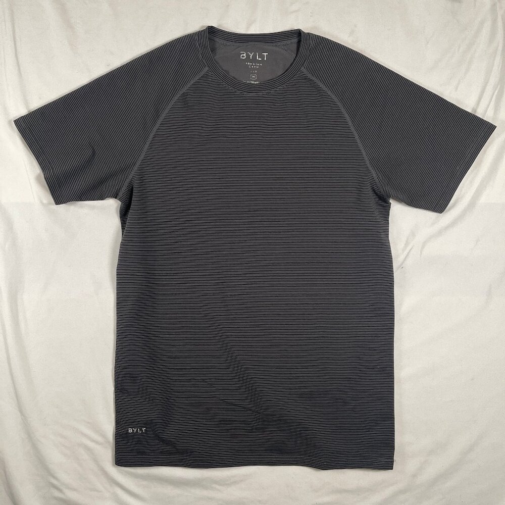 BYLT Shirt Mens Medium Gray Striped Premium Crew Lux Basics Tee Performance